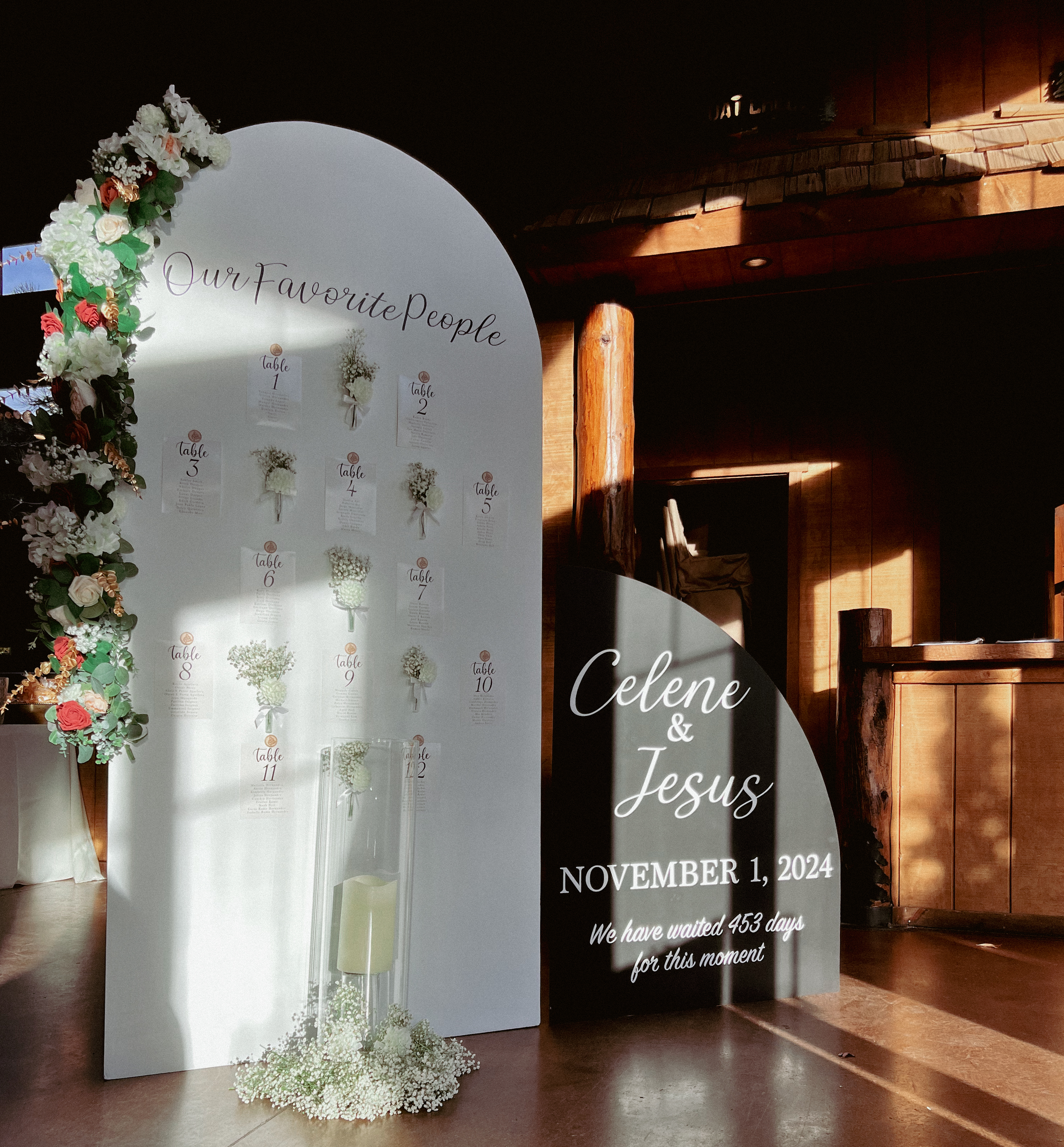 Elegant wedding seating chart and welcome sign display with modern calligraphy and floral accents, designed for a luxury wedding celebration. Custom signage by Chuchi's Events, Denver-based event styling and decor company specializing in personalized wedding rentals and signage installations.