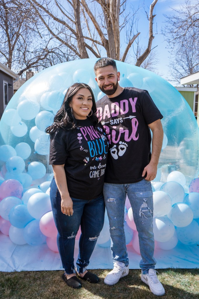 Bubble house gender reveal, in Fort Collins Colorado. Inflatable party rental with balloon decor and installation